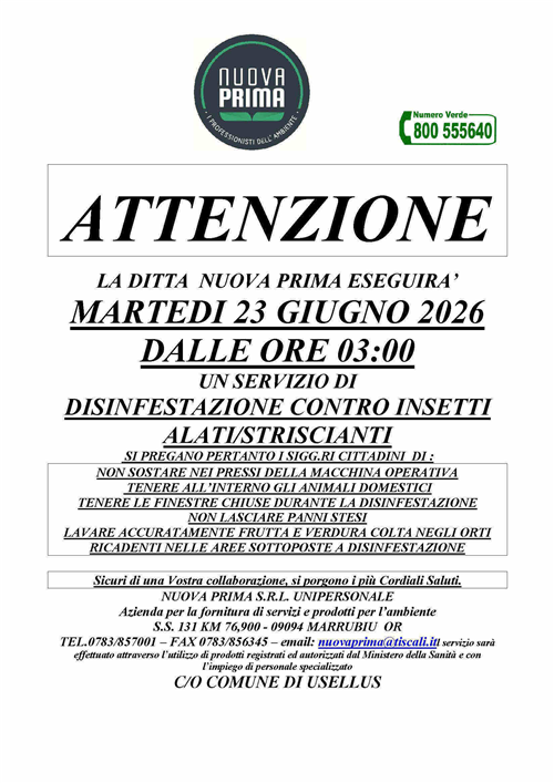 ATTENZIONE - Disinfestazione contro insetti alati/striscianti martedì 23 giugno 2026 dalle ore 03:00